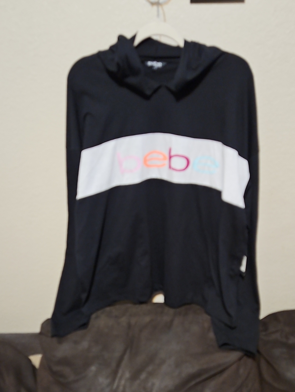 bebe Lightweight Black Hoodie with White Logo Band and Pastel Logo